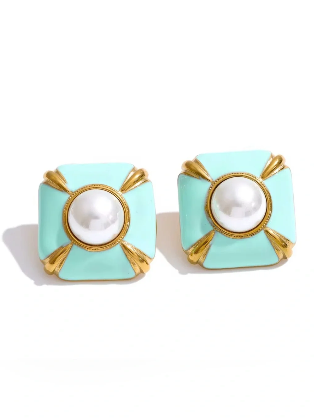 Turquoise Enamel Pearl Stud Earrings | Gold Plated Vintage Statement Earrings